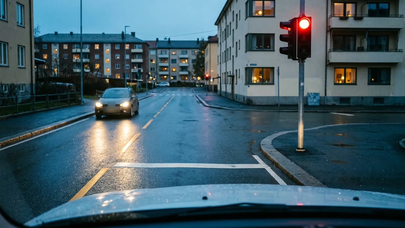 Et lyssignal med rødt lys over et vått kryss i blåtimen, bilenes lys speiles i asfalten.