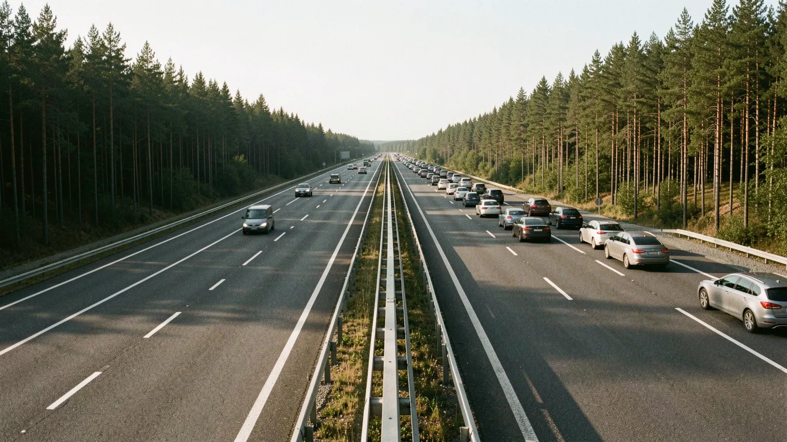 En motorvei sett fra en overgangsbro: to felt i hver retning, bilene holder til høyre og venstre felt står tomt.