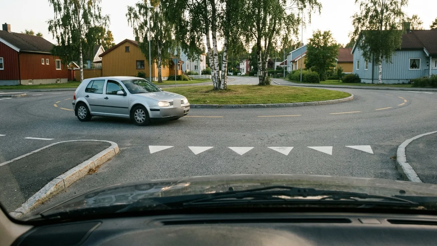En liten rundkjøring med gressdekket midtøy i kveldslys, én bil på vei rundt mot klokka, sett fra en gangbro.