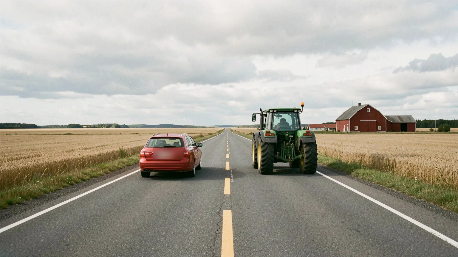 En lang rett landevei over et jordbrukslandskap: en bil kjører forbi en traktor på gul stiplet midtlinje, motgående felt tomt.
