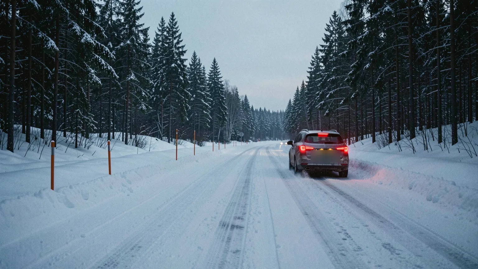 En snødekt vei i vinterskumringen, brøytestikker langs kanten, én bil med nærlys på vei bort.