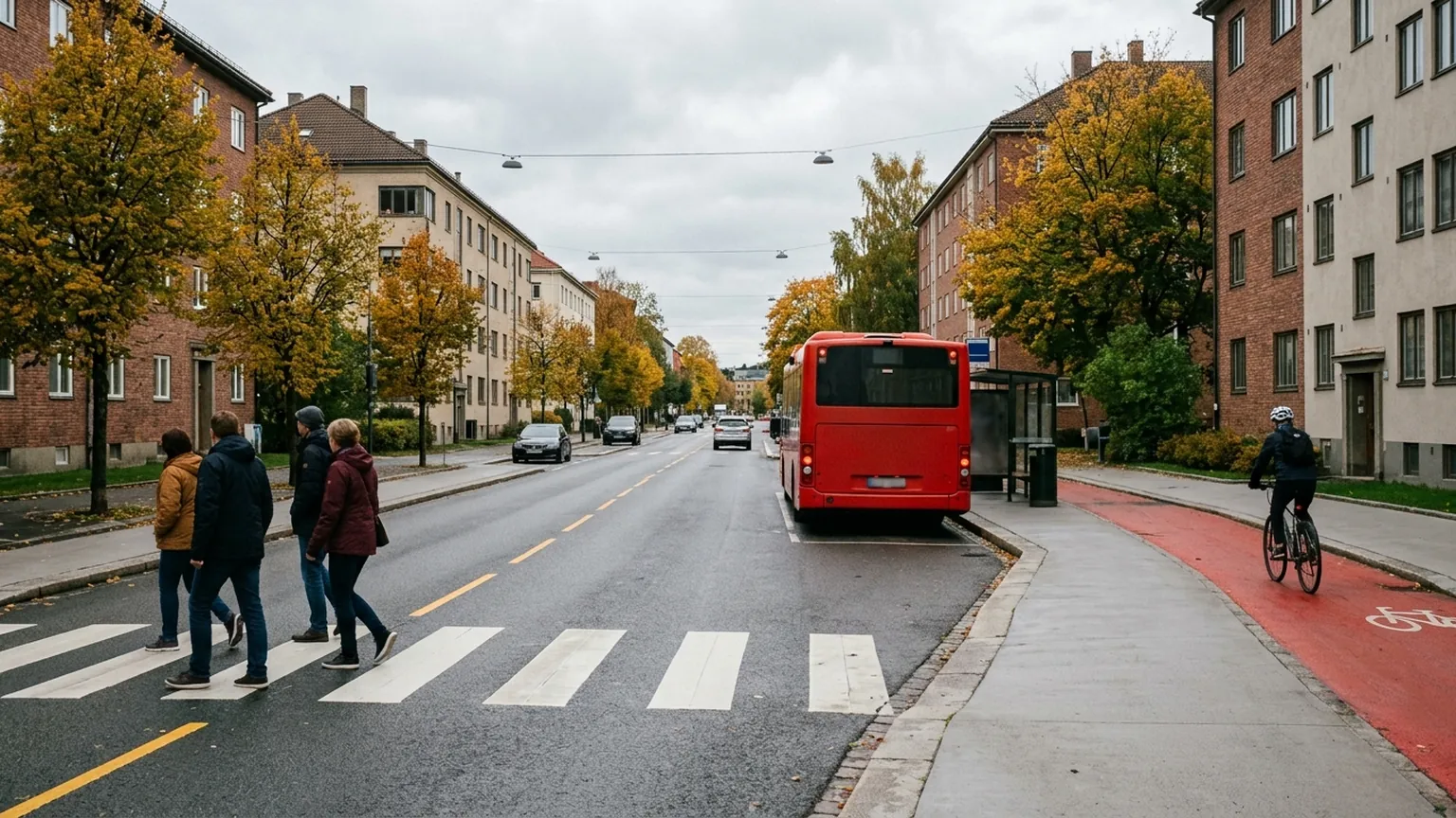 En bygate med en buss ved holdeplassen, fotgjengere sett bakfra på vei over gangfeltet og en syklist i sykkelfeltet.