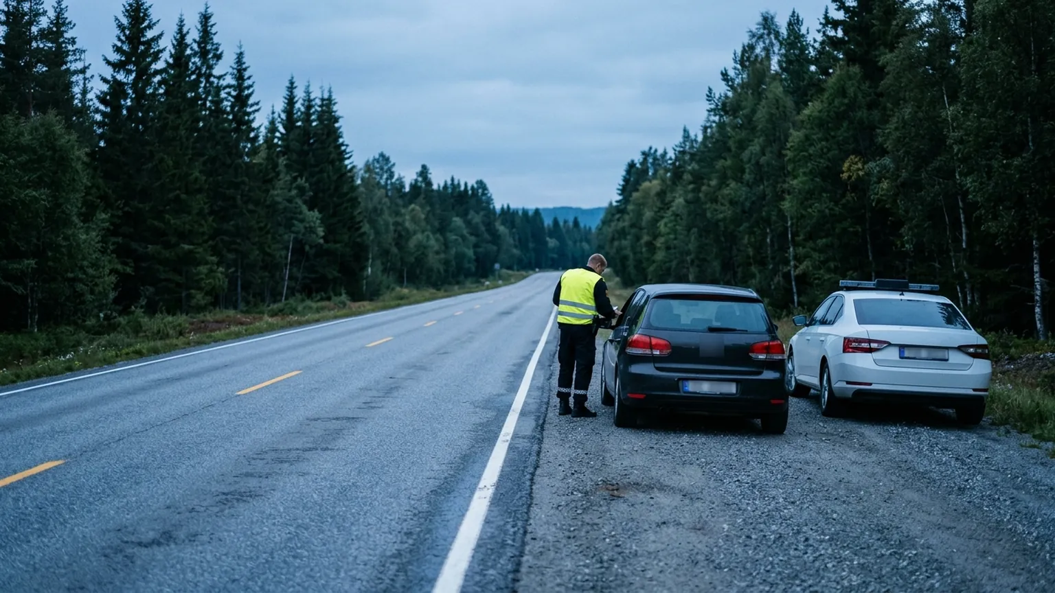 En trafikkontroll i skumringen: en politibetjent i refleksvest sett bakfra ved siden av en stanset bil.