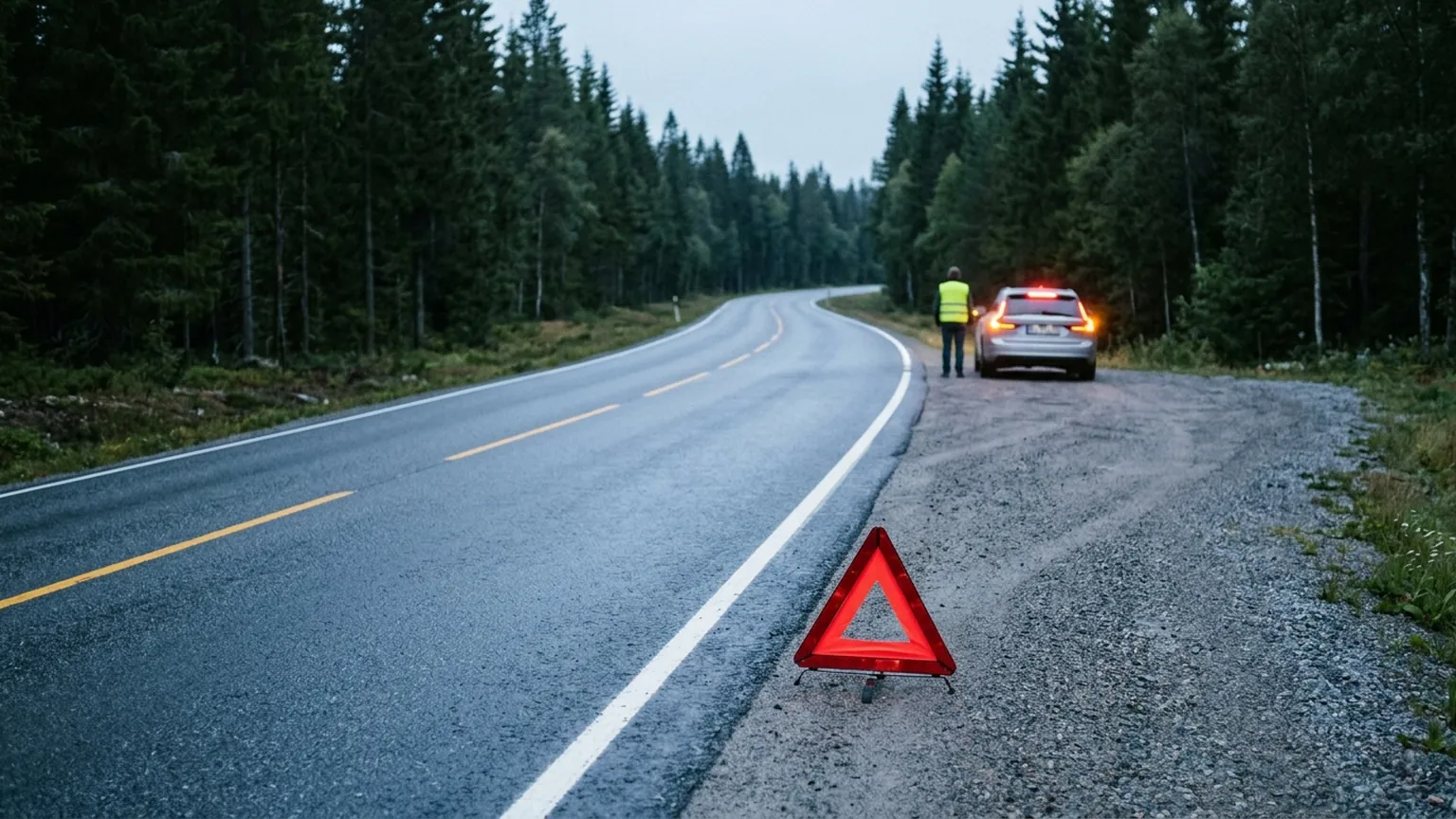 En varseltrekant står på veiskulderen bak en stanset bil med nødblink på, en person i refleksvest sett bakfra, skumring.