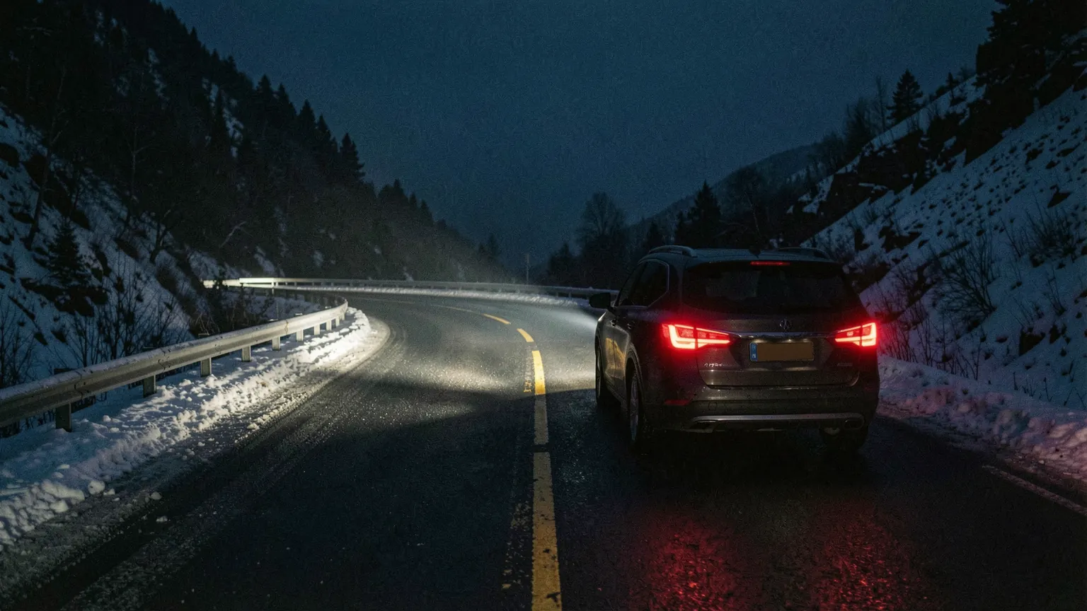 Nattkjøring på en fjellvei: nærlysene lyser opp en skarp sving med autovern, første snø i veikanten.