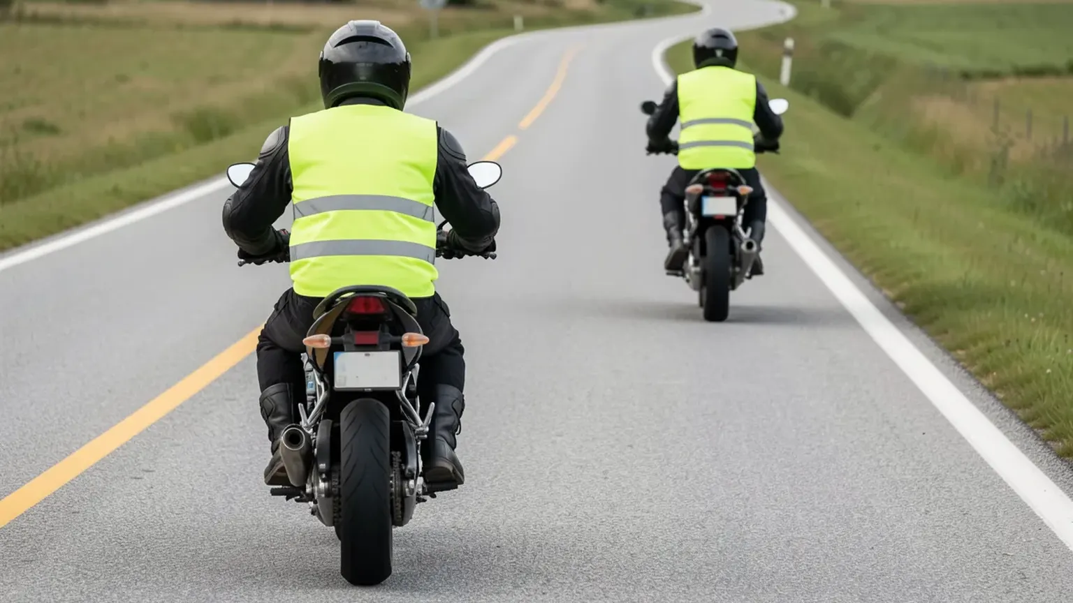 Two motorcyclists in yellow hi-vis vests ride one behind the other along a winding country road, seen from behind.