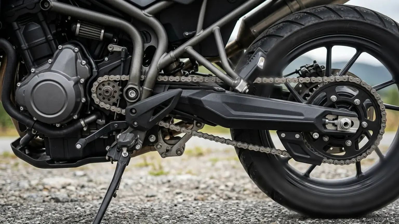 Close-up of a motorcycle on its side stand: engine casing, frame, chain, sprockets and rear wheel over gravel.