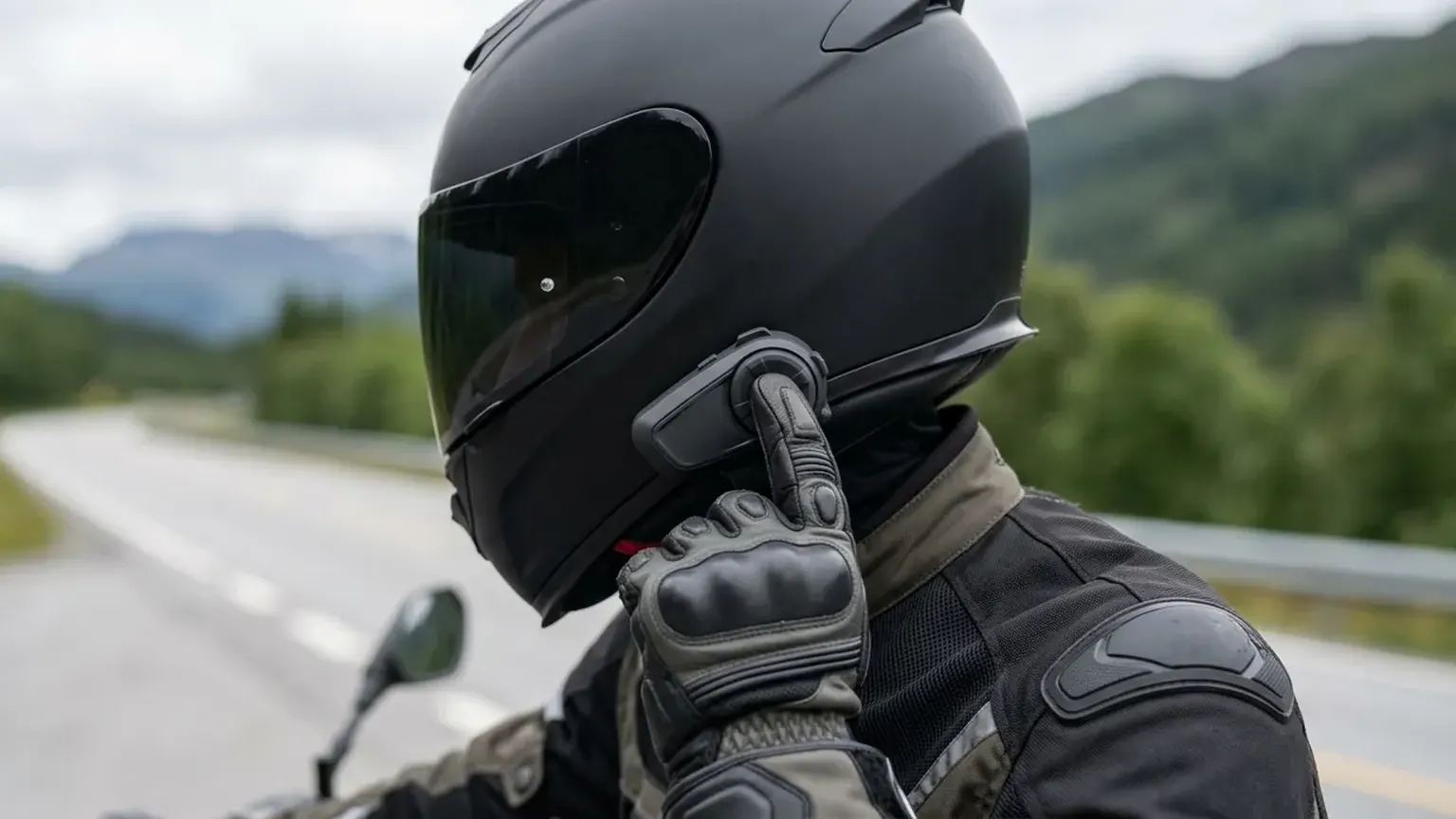 A motorcyclist in a full-face helmet with a dark visor, gloves and an armoured jacket, seen from behind at an angle by a road.