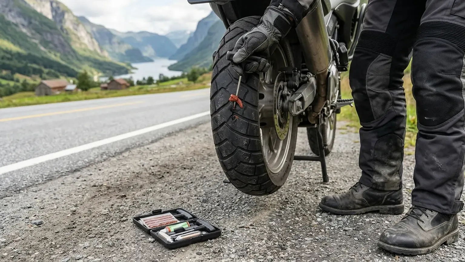 A booted motorcyclist repairs a punctured rear tyre with a plug kit at the roadside, fjord and mountains behind.