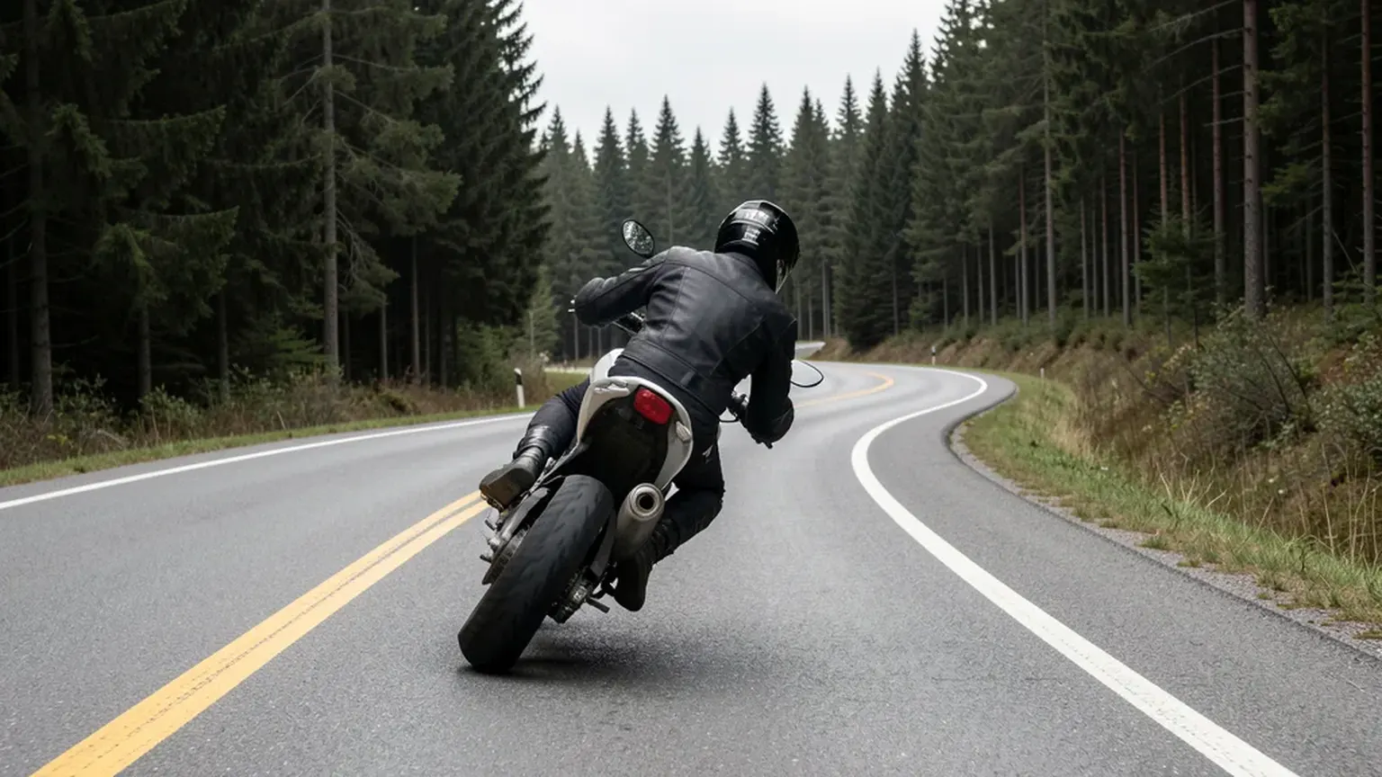 En motorsyklist i skinnjakke lener sykkelen inn i en venstresving på en skogsveg, sett bakfra.