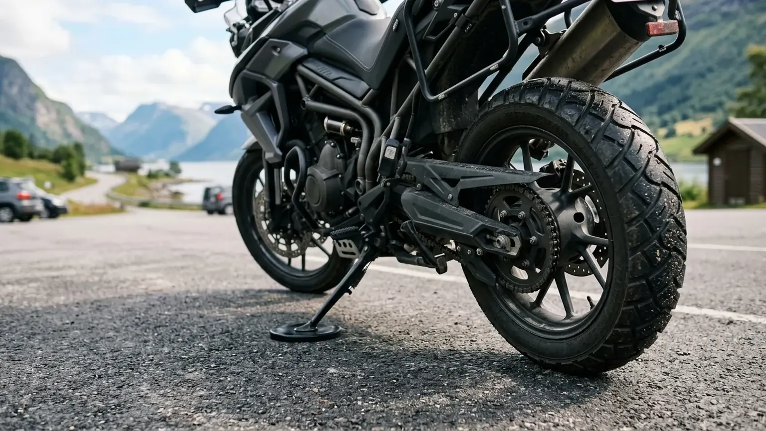 A motorcycle on its side stand in a tarmac car park by a fjord, seen low from the side.