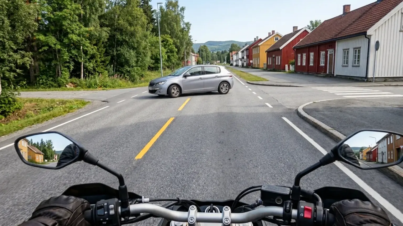 Seen over a motorcycle's handlebars: a silver car pulls out of a side road and crosses the lane ahead.