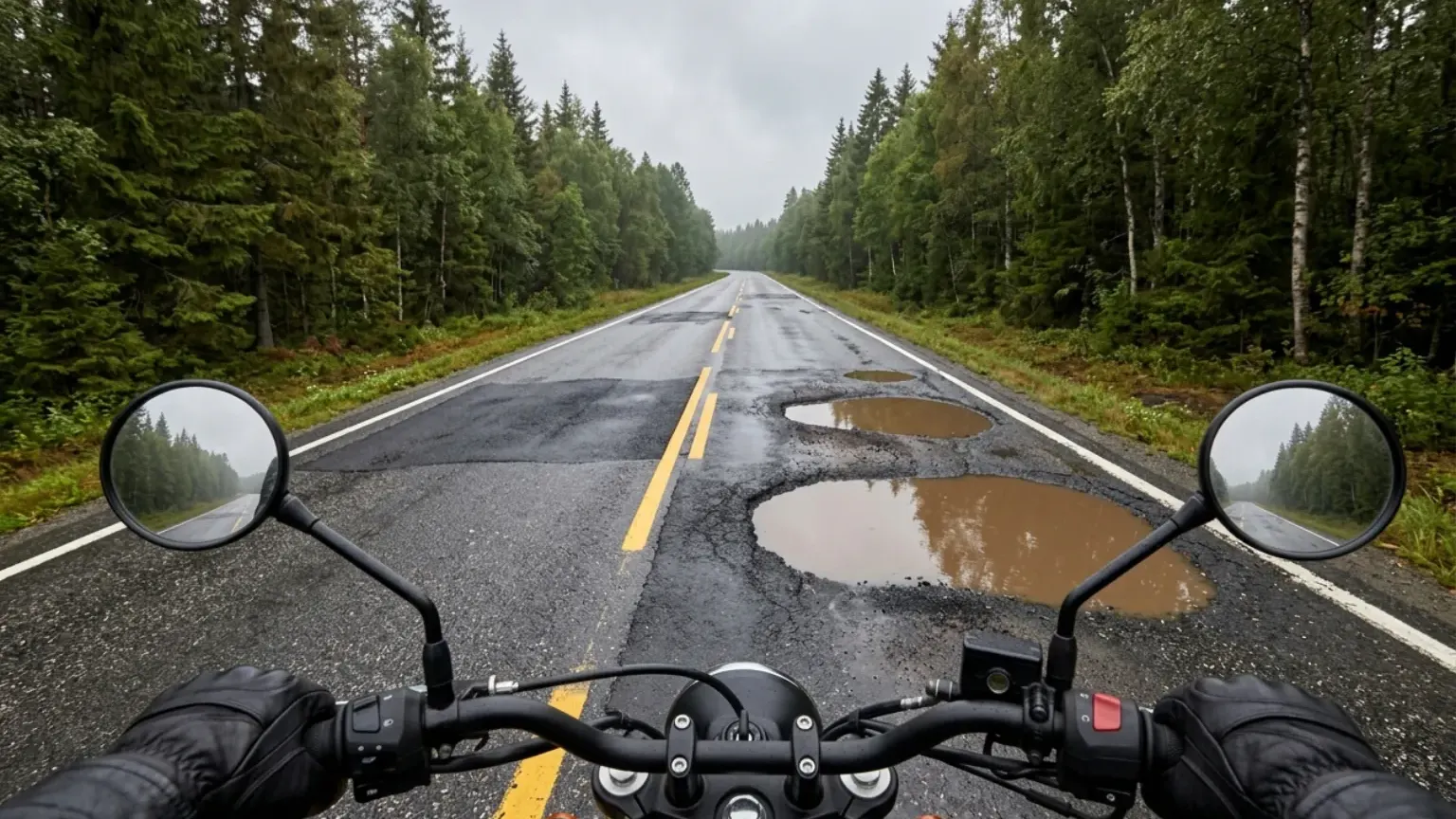 Sett fra styret på en motorsykkel: en våt skogsvei med lappet asfalt og store, gjørmete vannpytter i kjørefeltet.