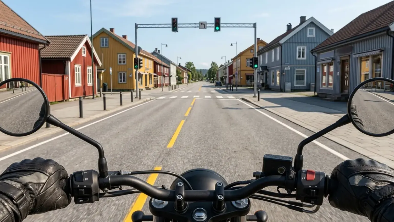 Sett fra styret på en motorsykkel: grønt lys i en portal over gaten, gangfelt og gul midtlinje mellom trehus.