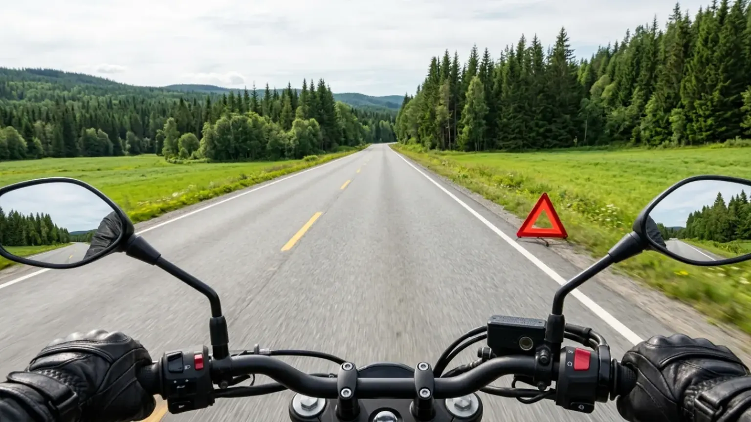 Sett fra styret på en motorsykkel: en rød varseltrekant står i veikanten på en rett landevei gjennom skog og eng.