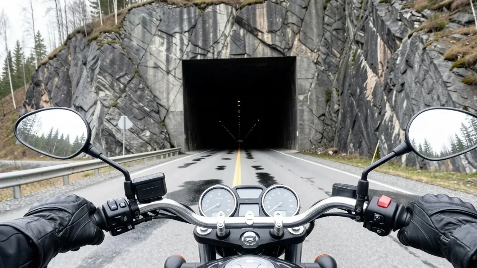 The view over a motorcycle's handlebars towards the entrance of a tunnel cut into the rock.