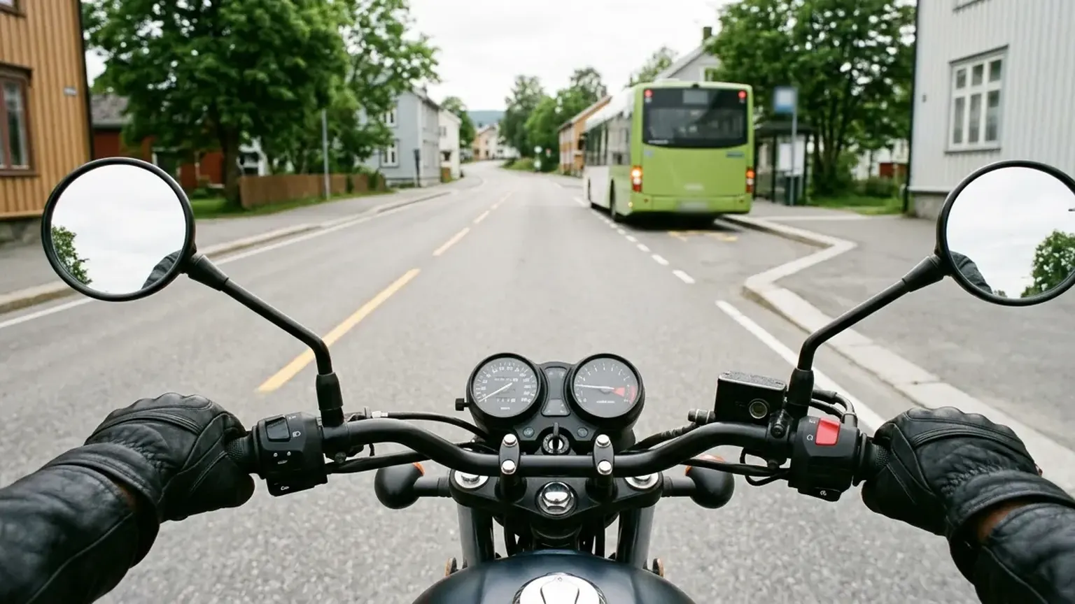 Seen over a motorcycle's handlebars: a green bus pulls out of a bus bay ahead, on a street lined with wooden houses.