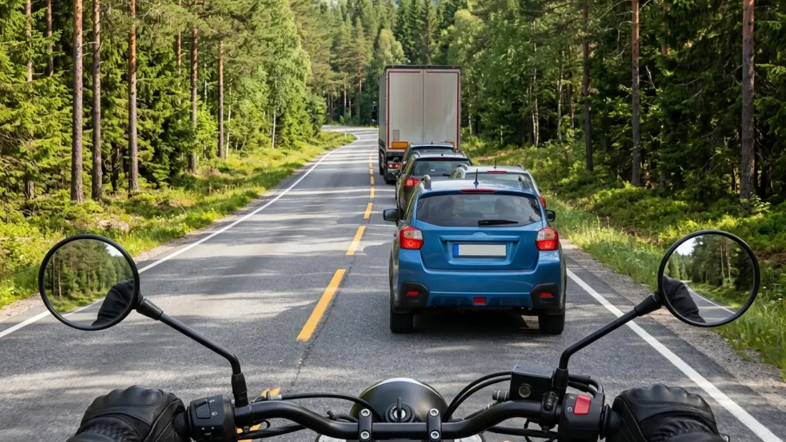 Seen over a motorcycle's handlebars: a queue of cars behind a lorry on a narrow forest road, a good gap to the car ahead.