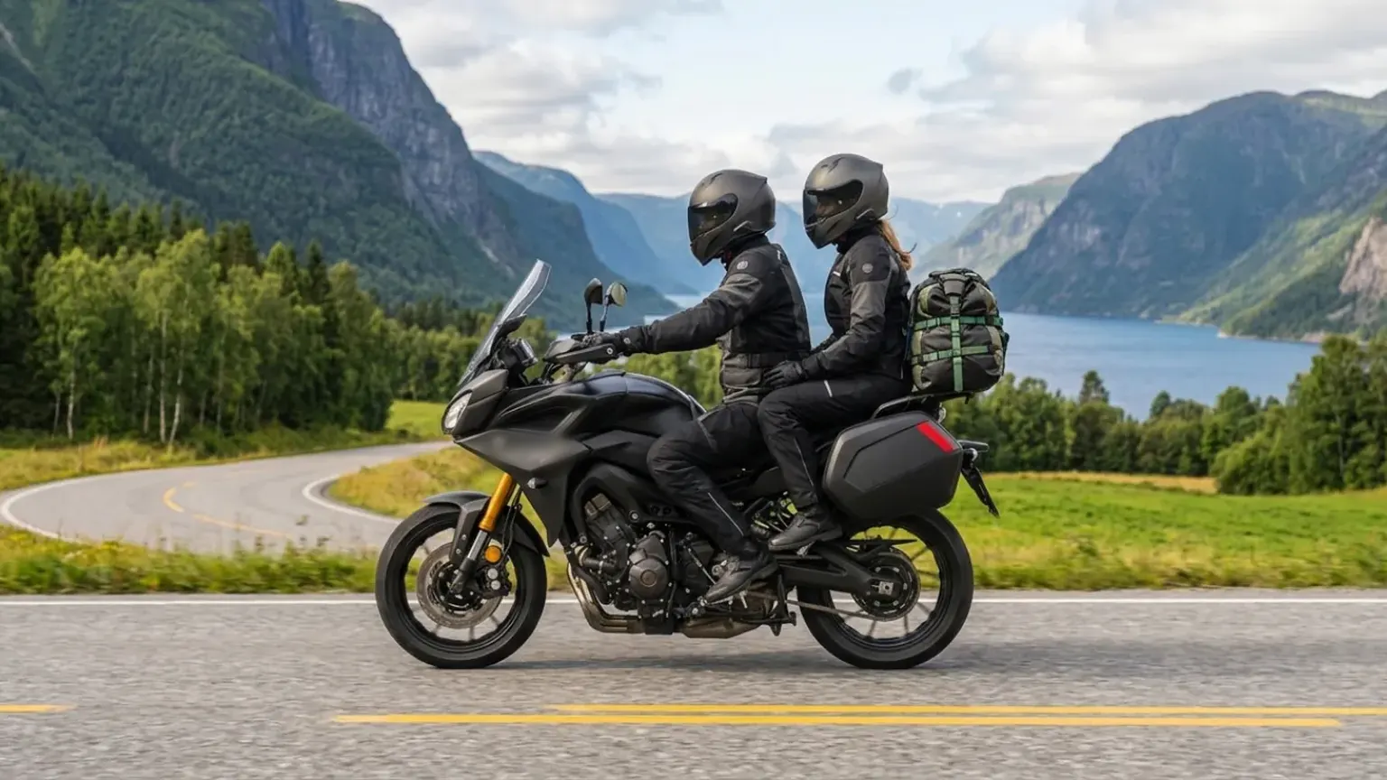 A motorcycle with rider, passenger and luggage rides along a fjord, seen from the side.